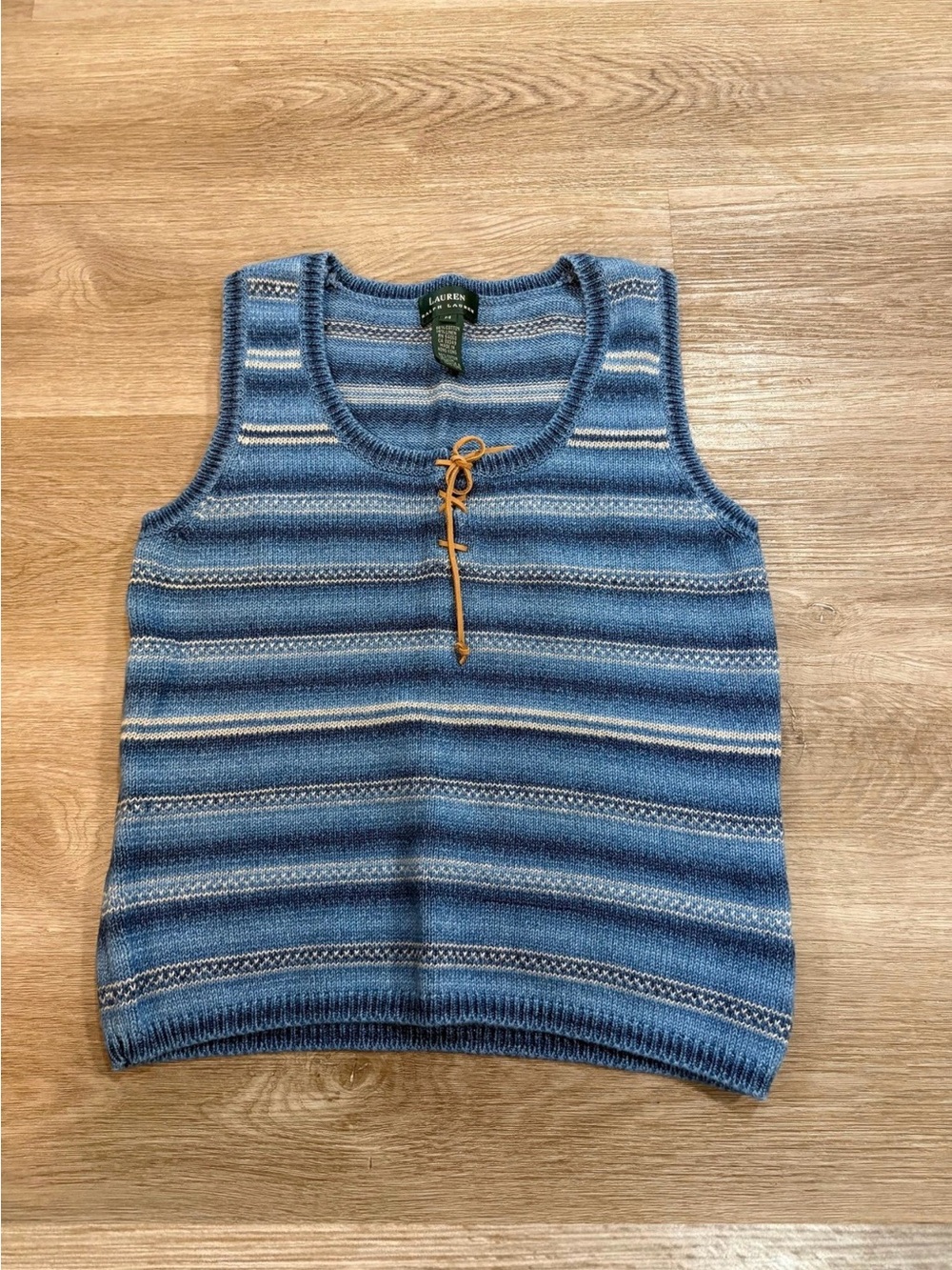 LAUREN Ralph Lauren Blue Stripe Cotton Linen Lace Up Sweater Vest Size Medium